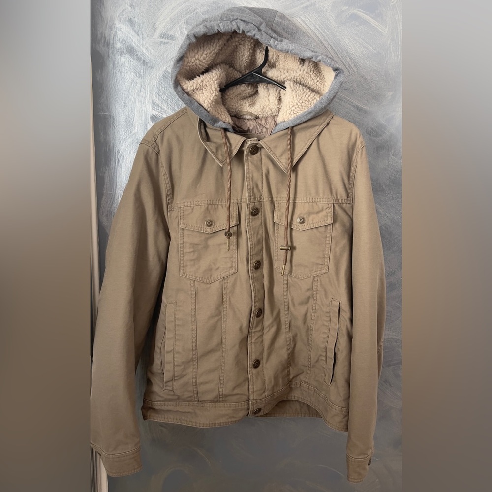 Guess Men's Tan Bomber Jacket with Gray Hood and Sherpa Lining